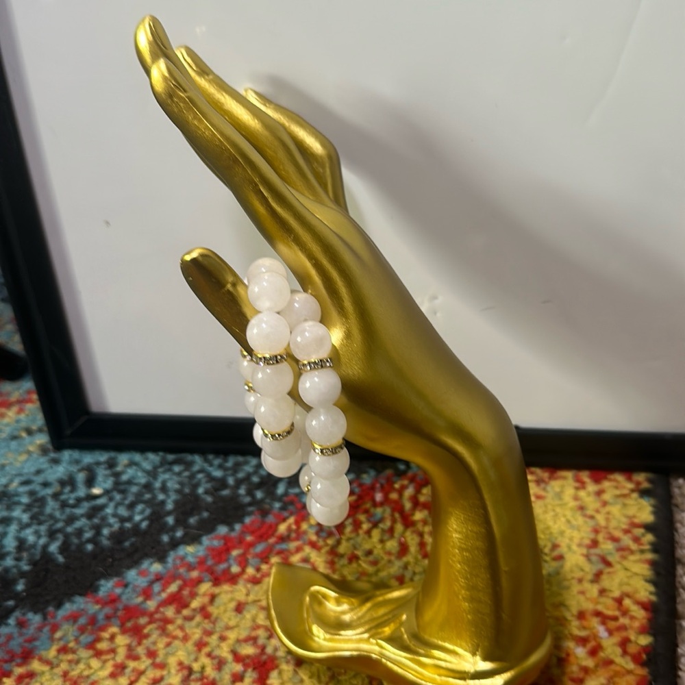 White Beaded Stone Bracelet with Gold Accents